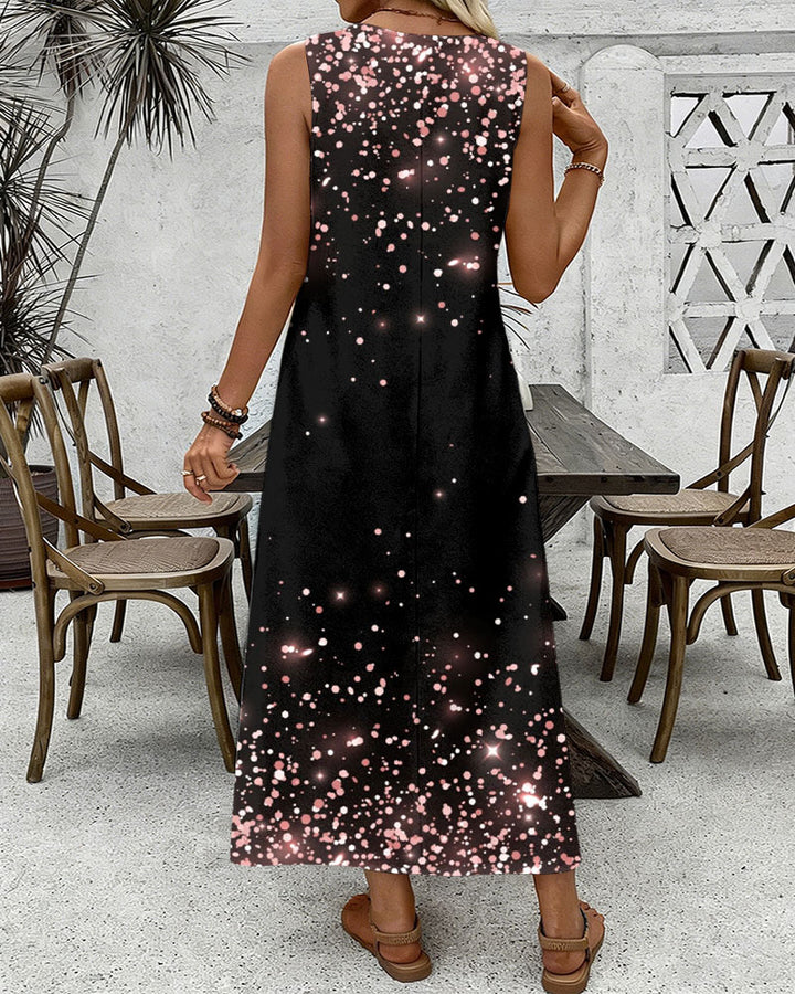 Pink Sequin Print Round Neck Sleeveless Loose Elegant Chic Dress