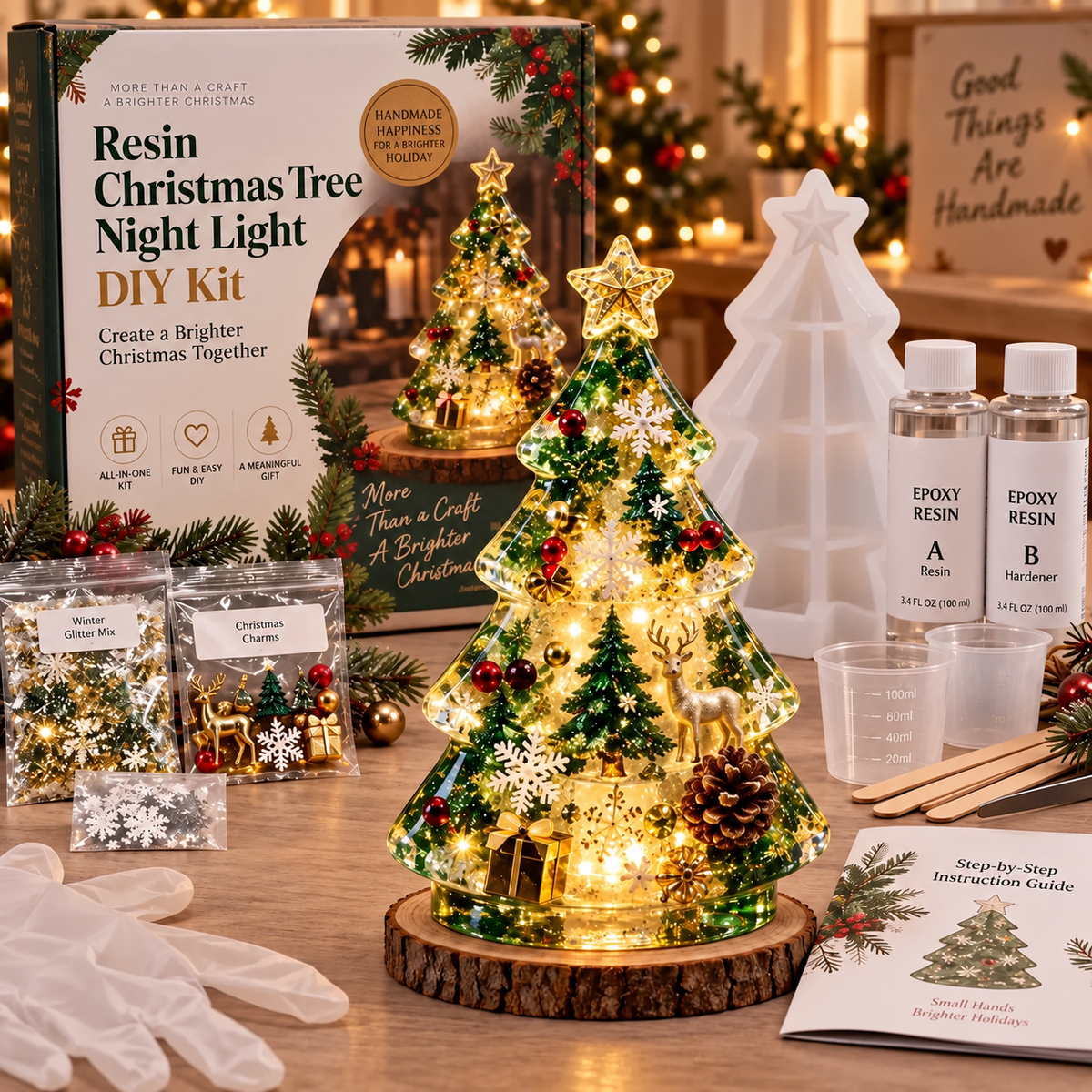 ⏳ Last Day 49% OFF – 🎄Beginner-Friendly Resin Christmas Tree Night Light DIY Kit | Mold, Resin, Fairy Lights & Festive Decorations Included ✨