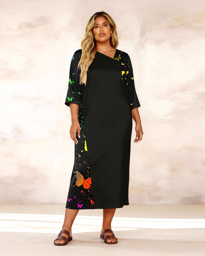 Irregular Neckline Butterfly Splash Ink Stitching Print Middle Sleeve Straight Maxi Dresses