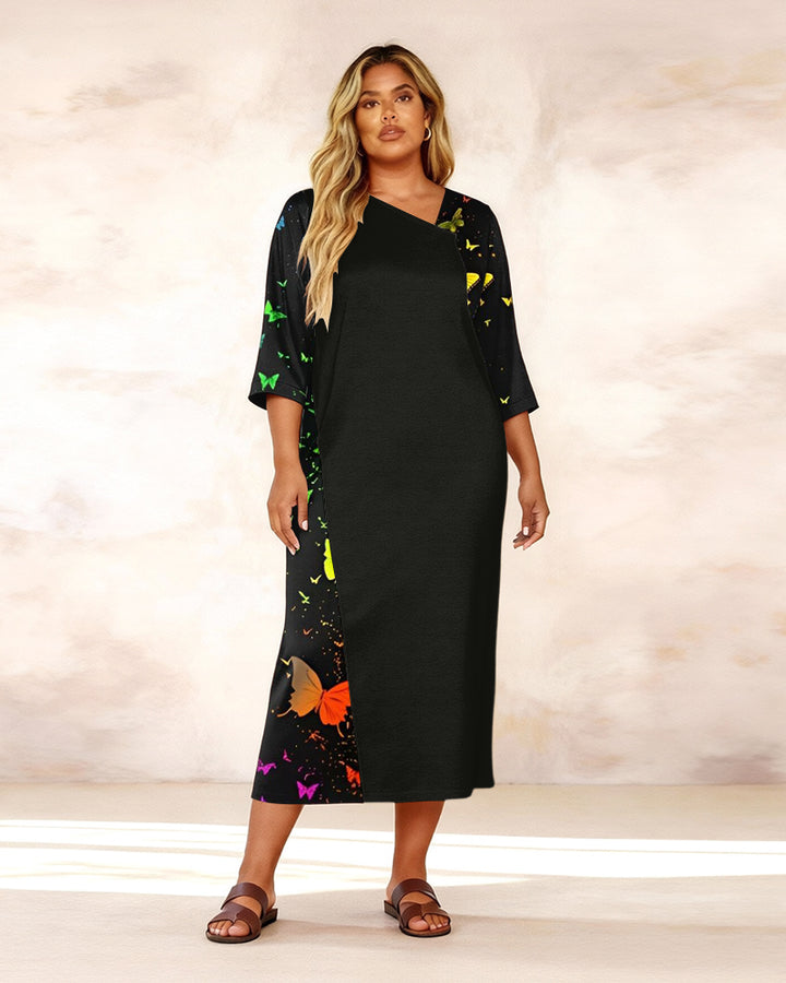 Irregular Neckline Butterfly Splash Ink Stitching Print Middle Sleeve Straight Maxi Dresses