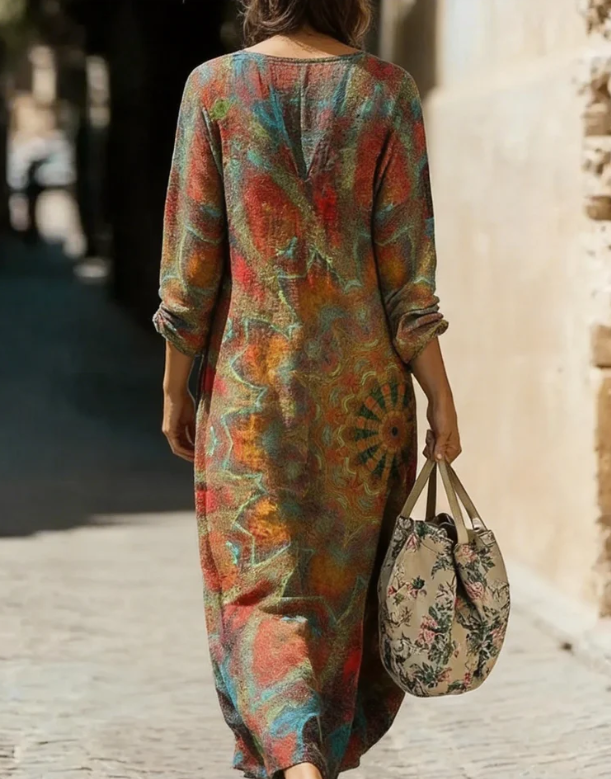 Vintage Mandala Geometric Print V-Neck Holiday Dress