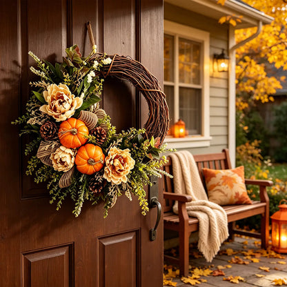 Thanksgiving Artificial Pinecone, Pumpkin, and Rose Vine Wreath Wall Hanging