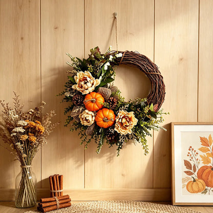 Thanksgiving Artificial Pinecone, Pumpkin, and Rose Vine Wreath Wall Hanging