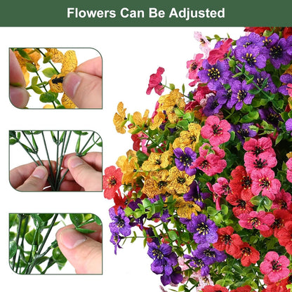 Outdoor Artificial Violet Flowers, 7-Stem Faux Floral Bush for Garden & Balcony Decor