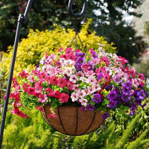 Outdoor Artificial Violet Flowers, 7-Stem Faux Floral Bush for Garden & Balcony Decor