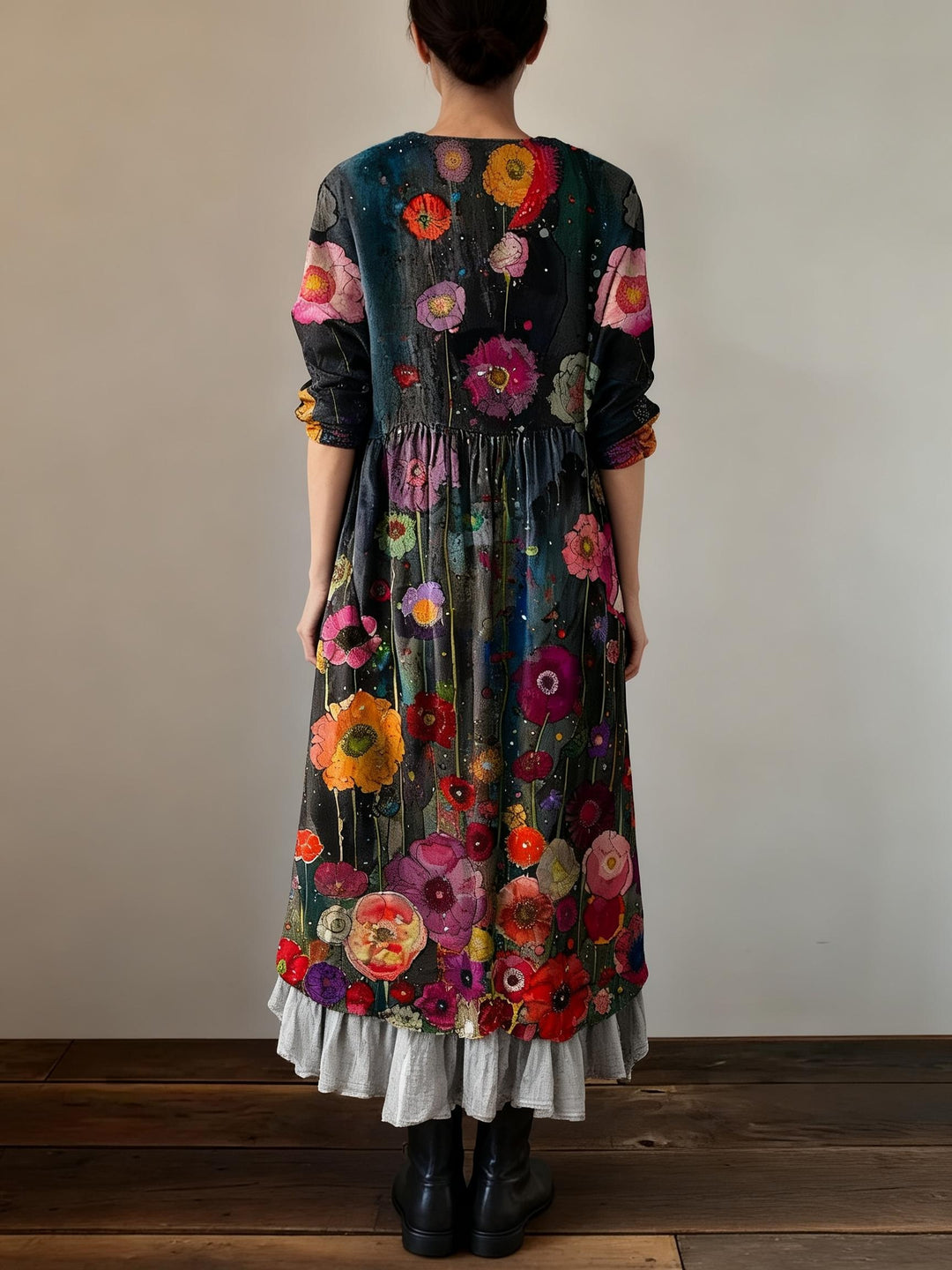 Night Flower Art Print Loose V-Neck Dress