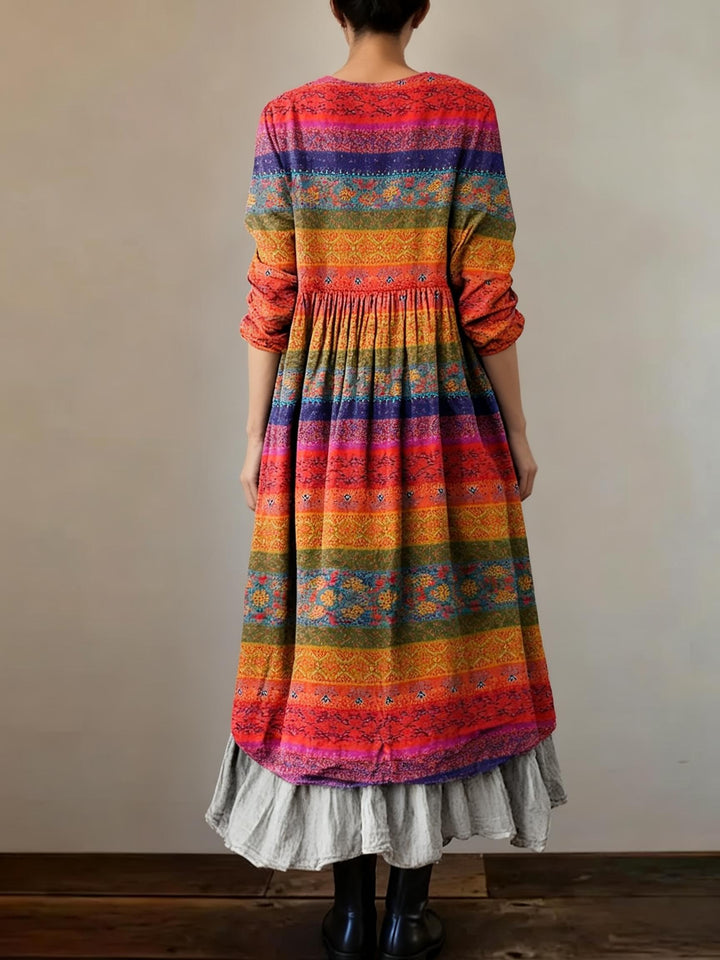 Bohemian Ethnic Striped Print Loose V-Neck Dress