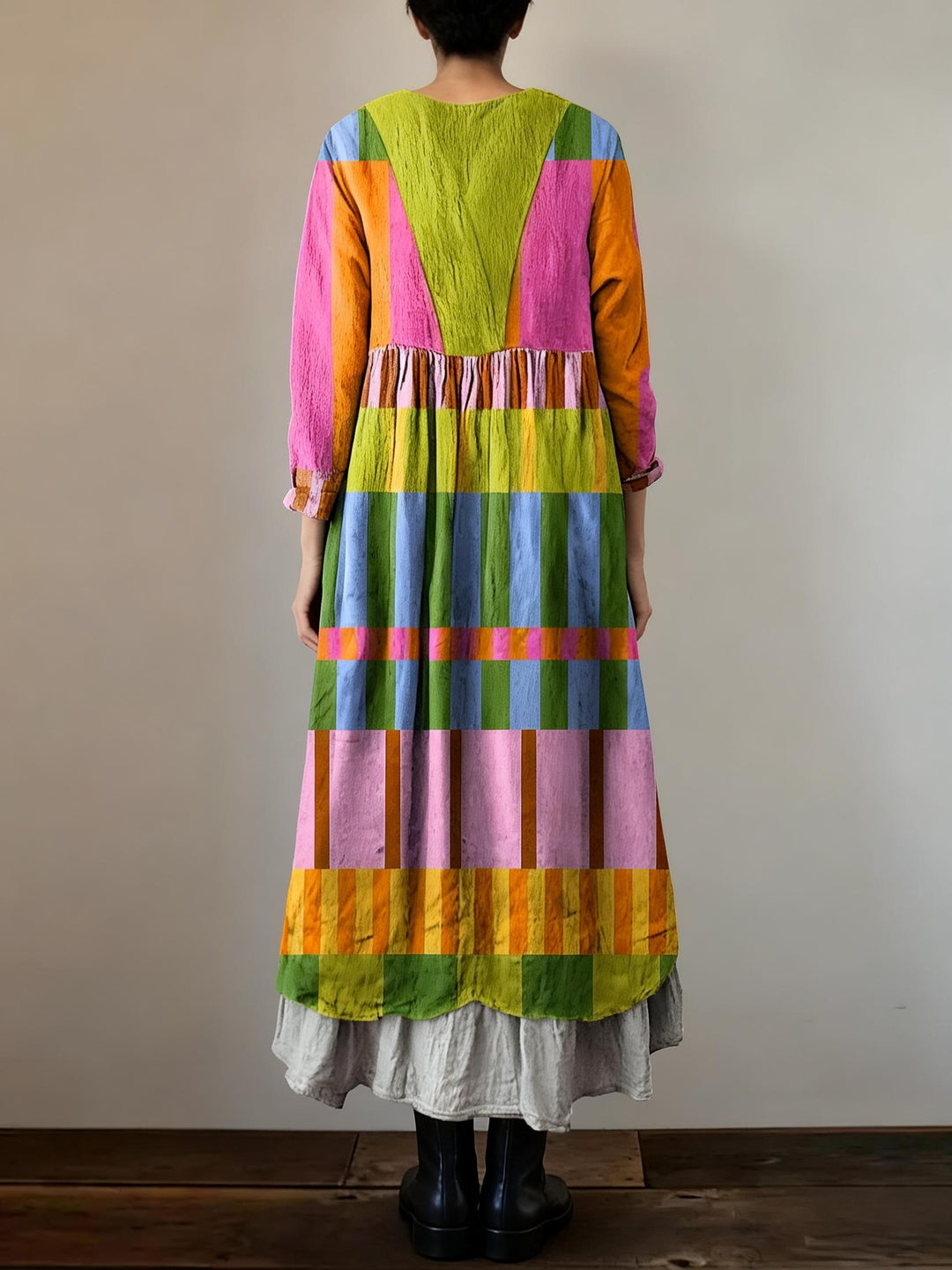 Vintage Contrast Plaid Loose V-Neck Dress