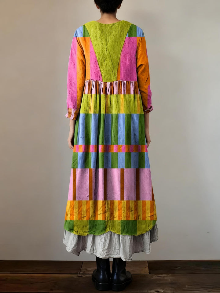 Vintage Contrast Plaid Loose V-Neck Dress