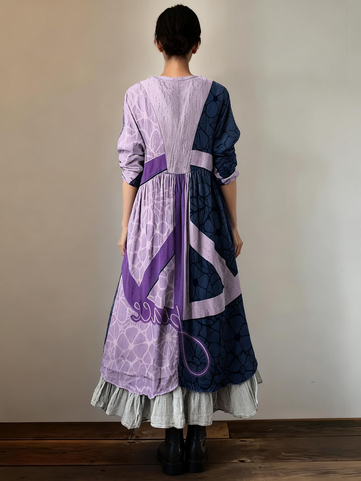 Peace Symbol Colorblock Print Loose V-Neck Dress