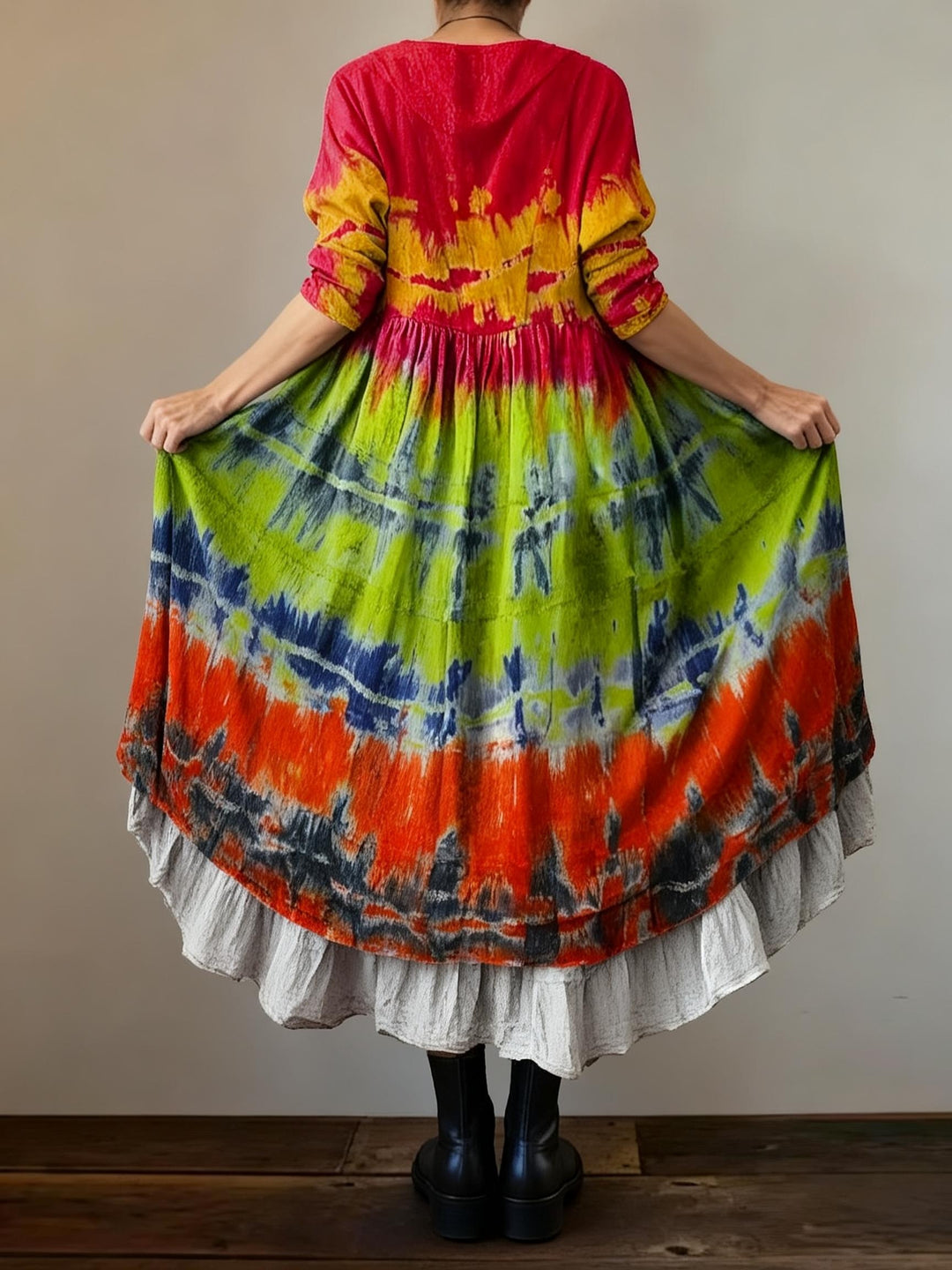 Vintage Rainbow Tie-Dye Gradient Print Loose V-Neck Dress