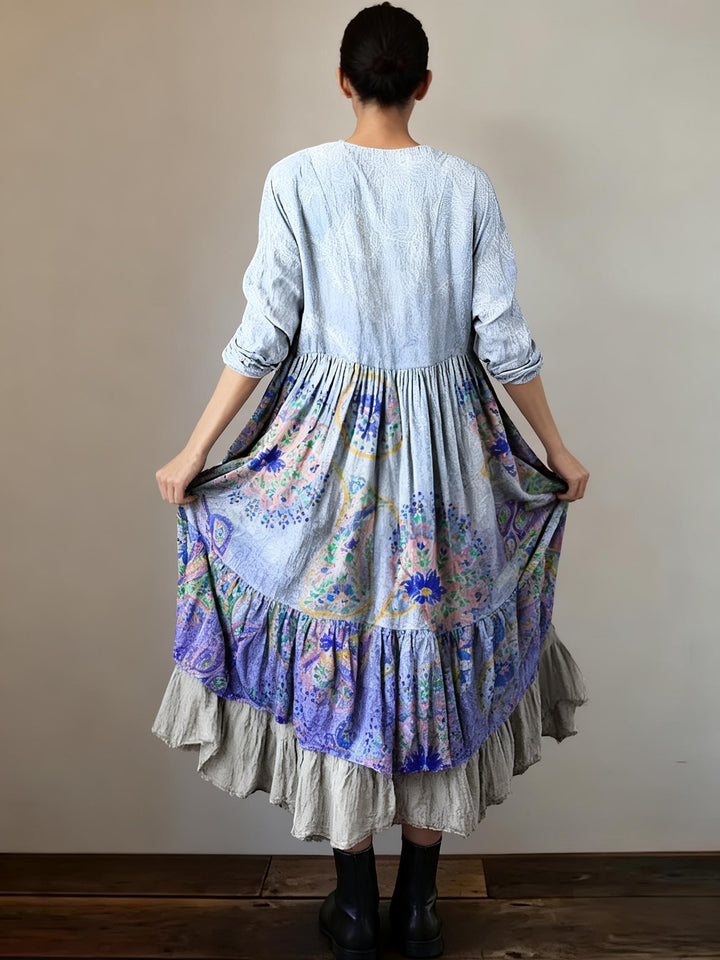 Fresh Blue And Purple Gradient Paisley Print Loose V-Neck Dress