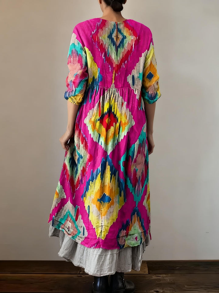 Rose Red Bottom Geometric Diamond Printed Loose V-Neck Dress