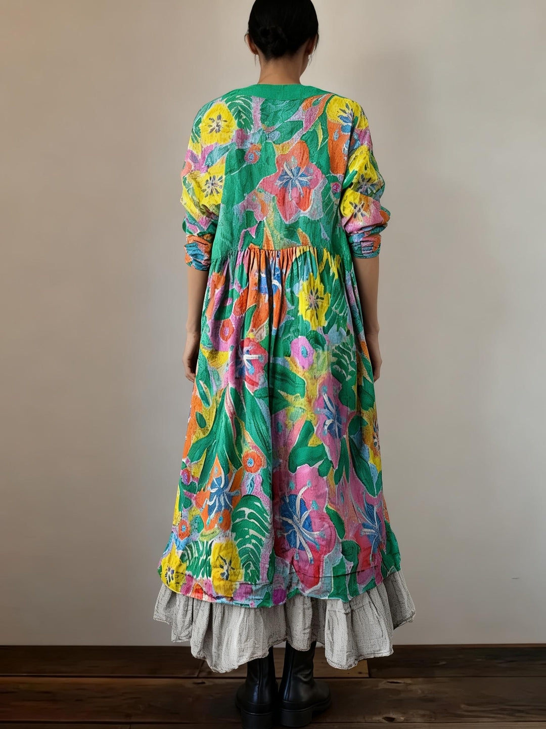 Dopamine Tropical Floral-Print Loose V-Neck Dress