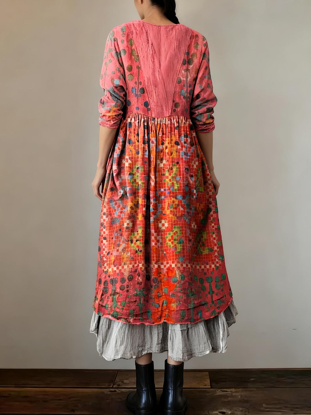 Vintage Mosaic Collage Printed Loose V-Neck Dress