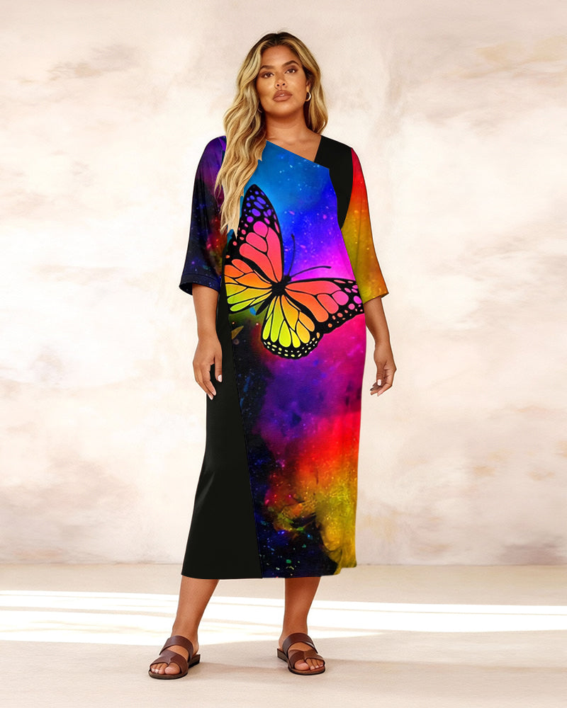 Irregular Neckline Rainbow Starry Butterfly Print Mid-sleeve Straight Maxi Dresses
