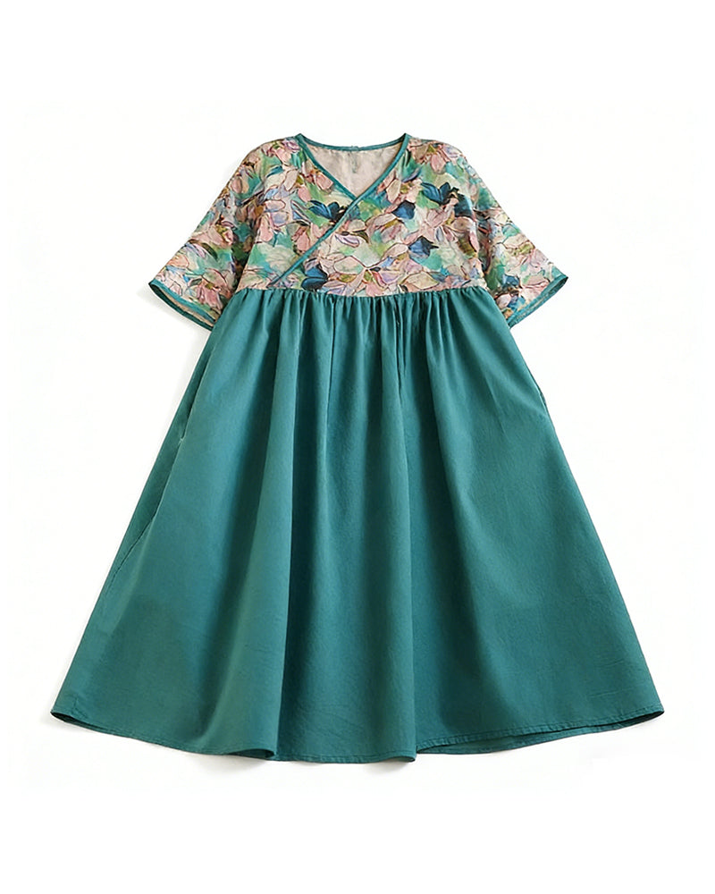 Watercolor Floral V-neck Large Swing Dress