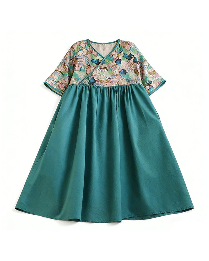 Watercolor Floral V-neck Large Swing Dress