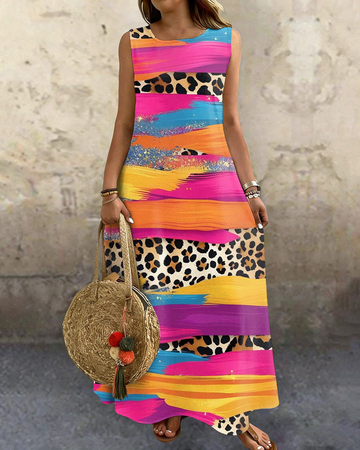 Graffiti Watercolor Leopard Print Round Neck Sleeveless Loose Elegant Chic Dress