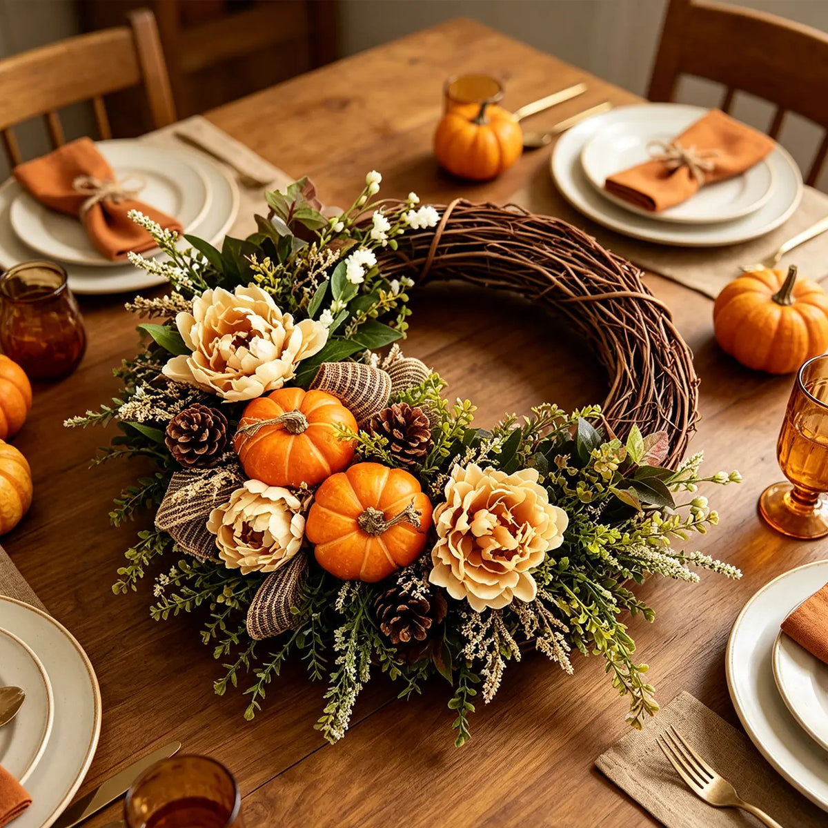 Thanksgiving Artificial Pinecone, Pumpkin, and Rose Vine Wreath Wall Hanging
