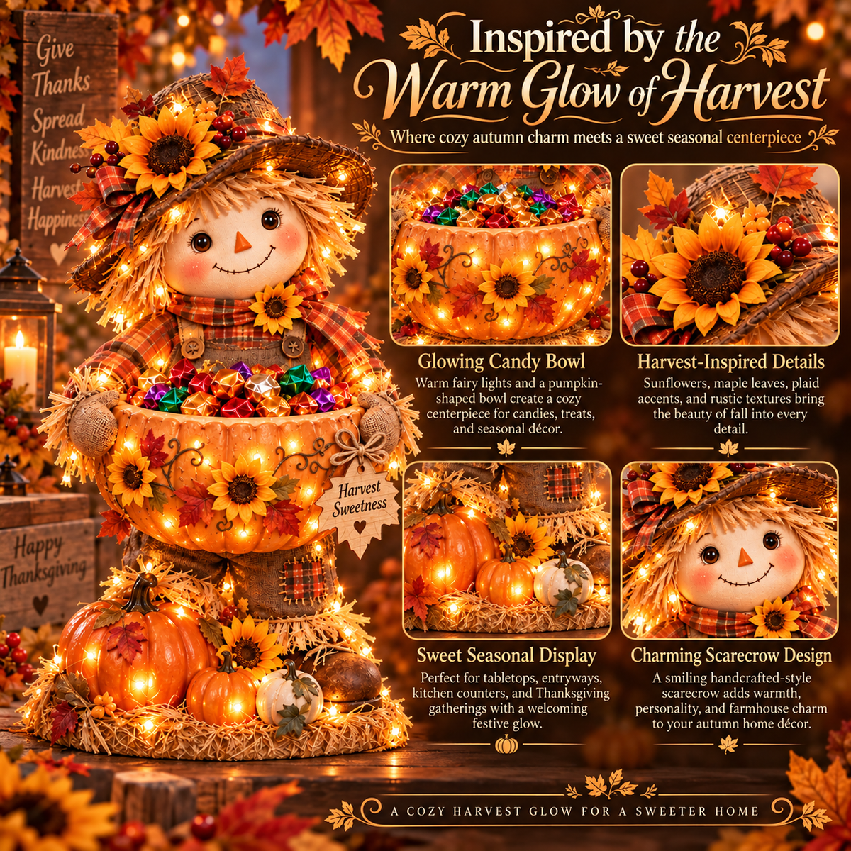 🍂 Lighted Scarecrow Candy Bowl | Harvest Table Decor