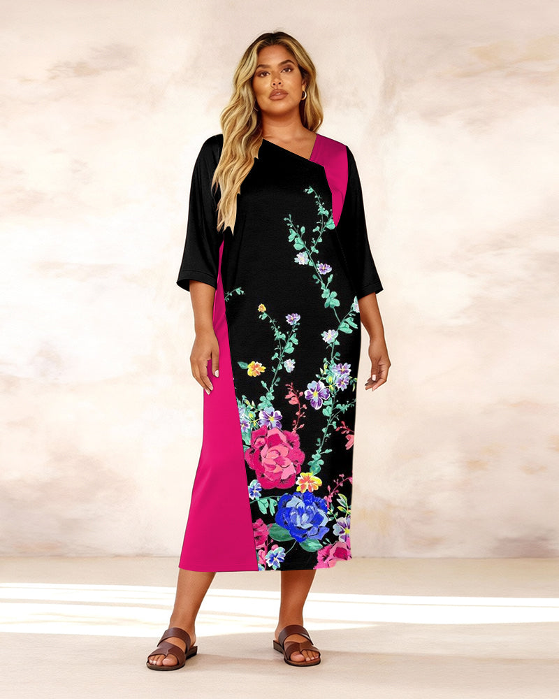 Irregular Neckline Rose Red Mosaic Floral Print Middle Sleeve Straight Maxi Dresses