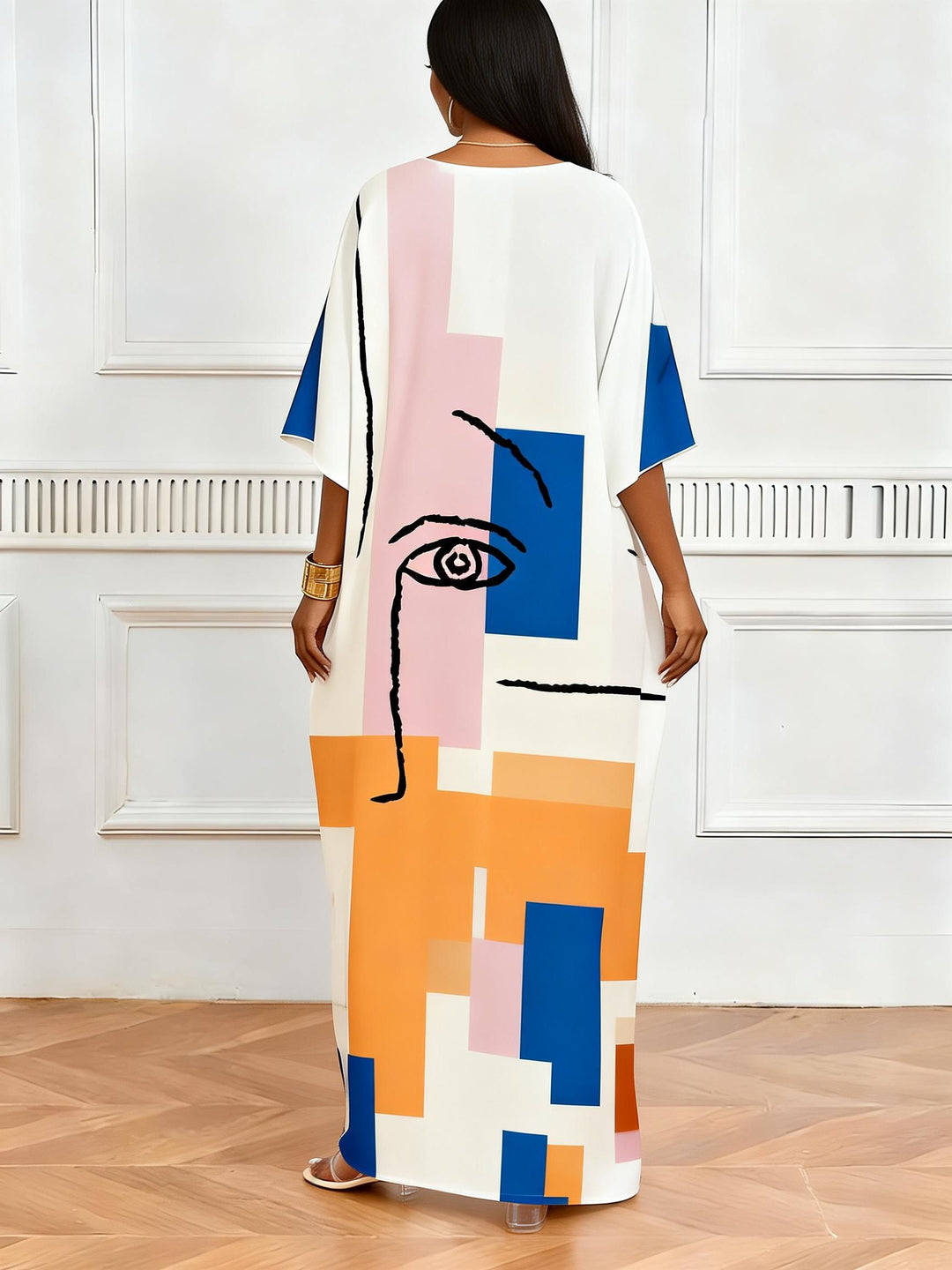 Geometric Color Block Picasso Face Print V-Neck Elegant Dress