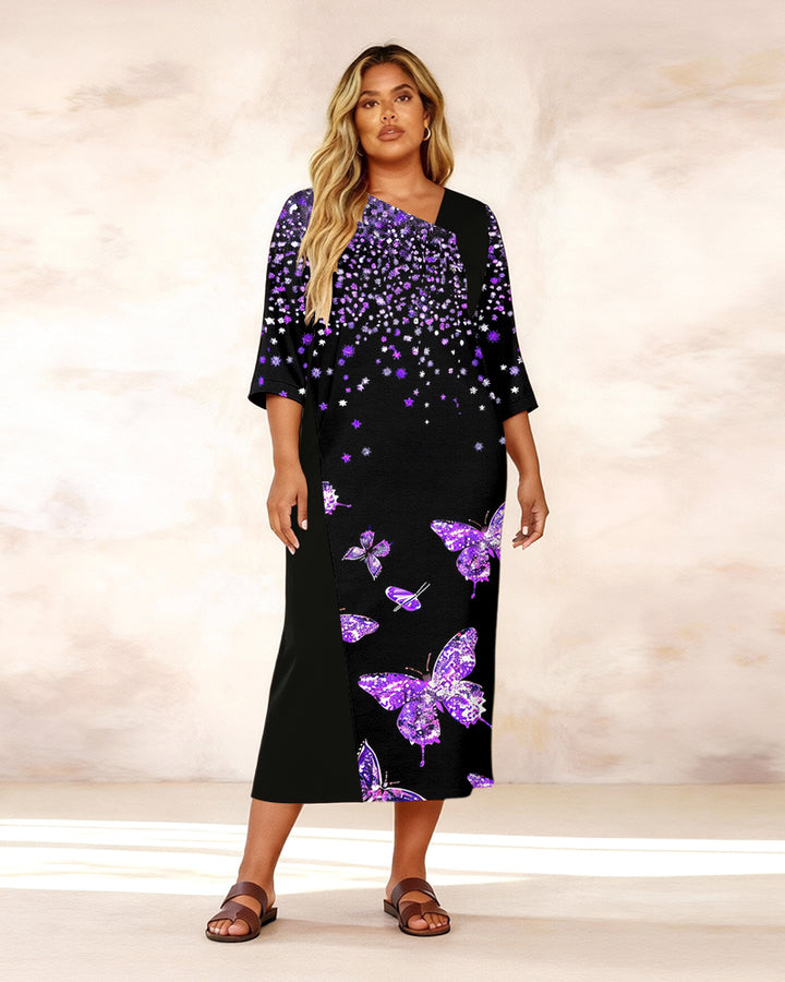Irregular Neckline Purple Sequins Butterfly Print Mid-sleeve Straight Maxi Dresses