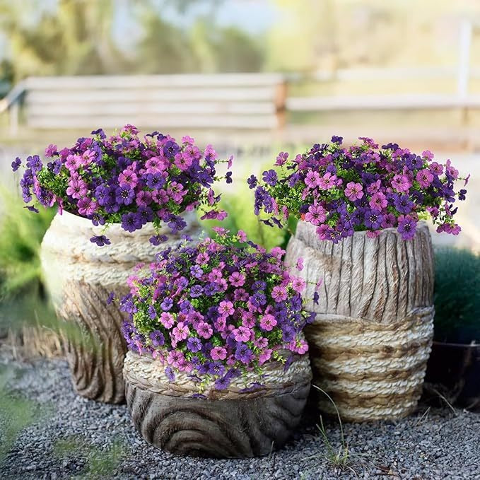 Outdoor Artificial Violet Flowers, 7-Stem Faux Floral Bush for Garden & Balcony Decor