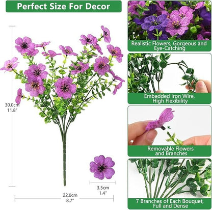 Outdoor Artificial Violet Flowers, 7-Stem Faux Floral Bush for Garden & Balcony Decor