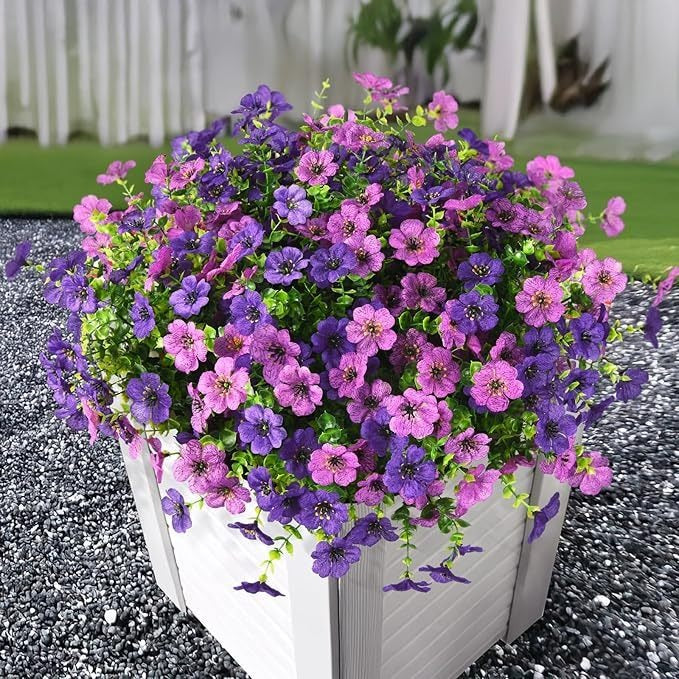 Outdoor Artificial Violet Flowers, 7-Stem Faux Floral Bush for Garden & Balcony Decor