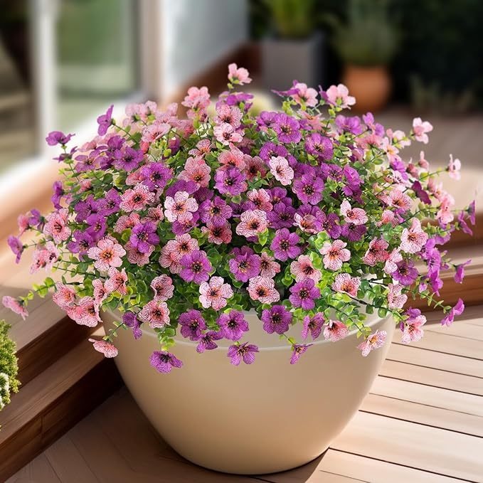 Outdoor Artificial Violet Flowers, 7-Stem Faux Floral Bush for Garden & Balcony Decor