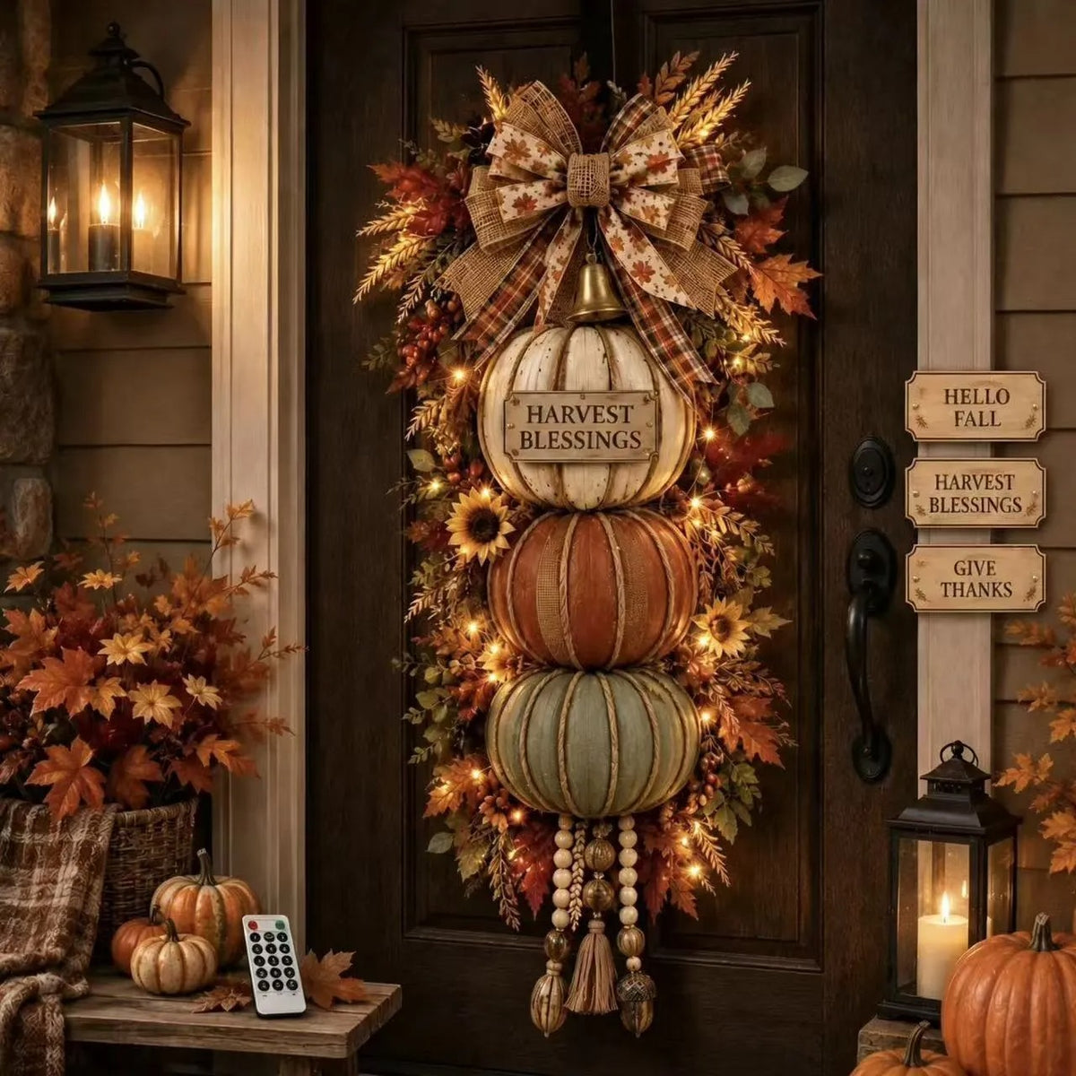 Rustic Wooden Pumpkin Door Hanging（Light with remote control）