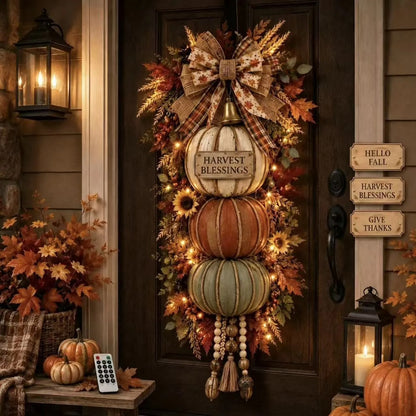 Rustic Wooden Pumpkin Door Hanging（Light with remote control）