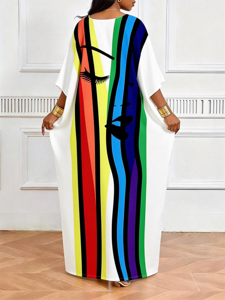 Rainbow Stripe Abstract Face V-Neck Casual Elegant Dress