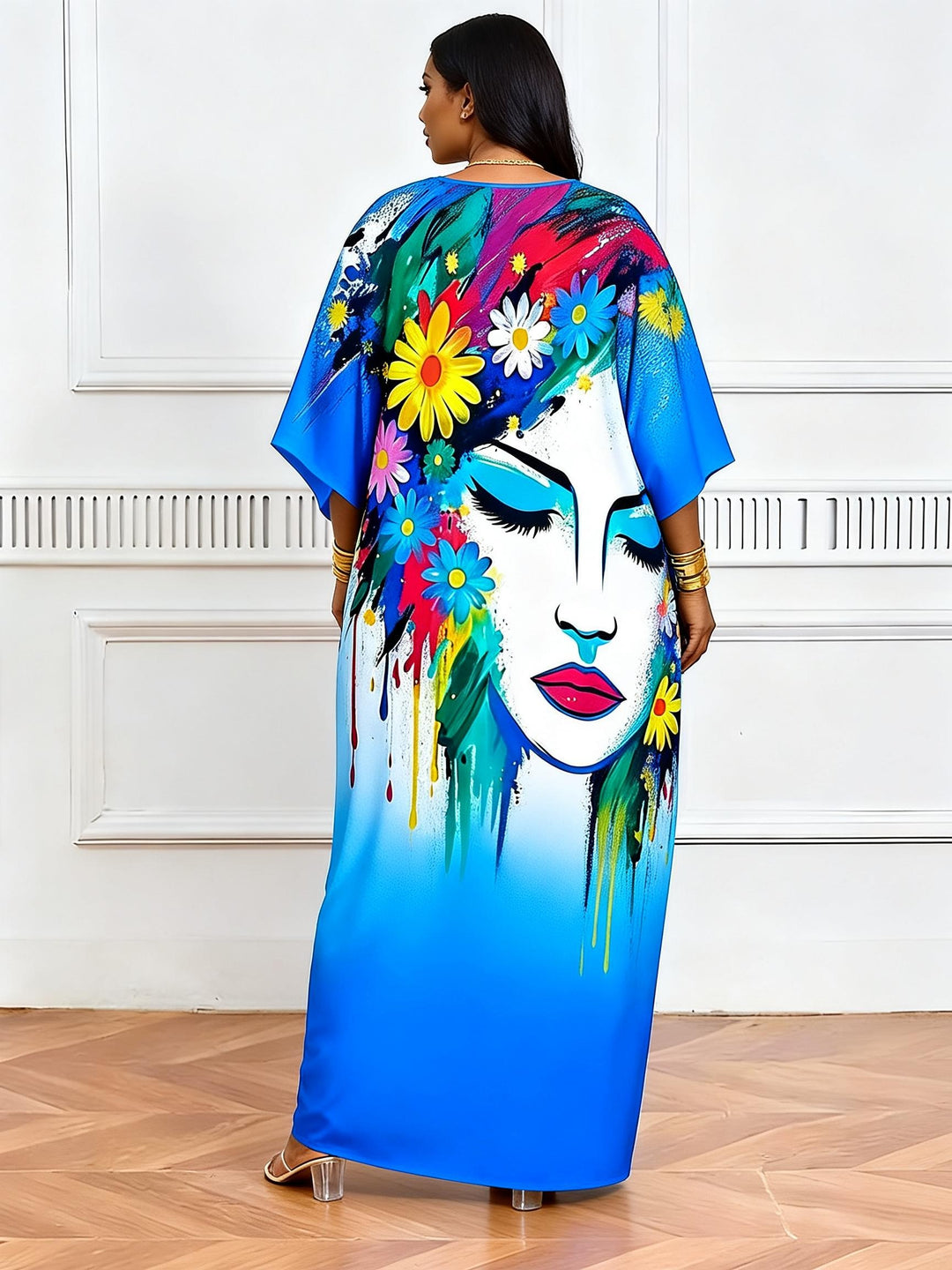 Painted Flower Face Gradient V-Neck Casual Elegant Dress