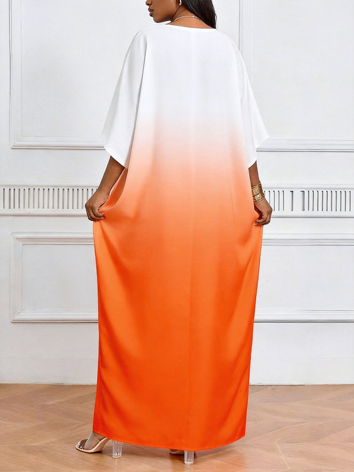 Gradient Orange Black Lip Print Gesture V-Neck Casual Elegant Dress