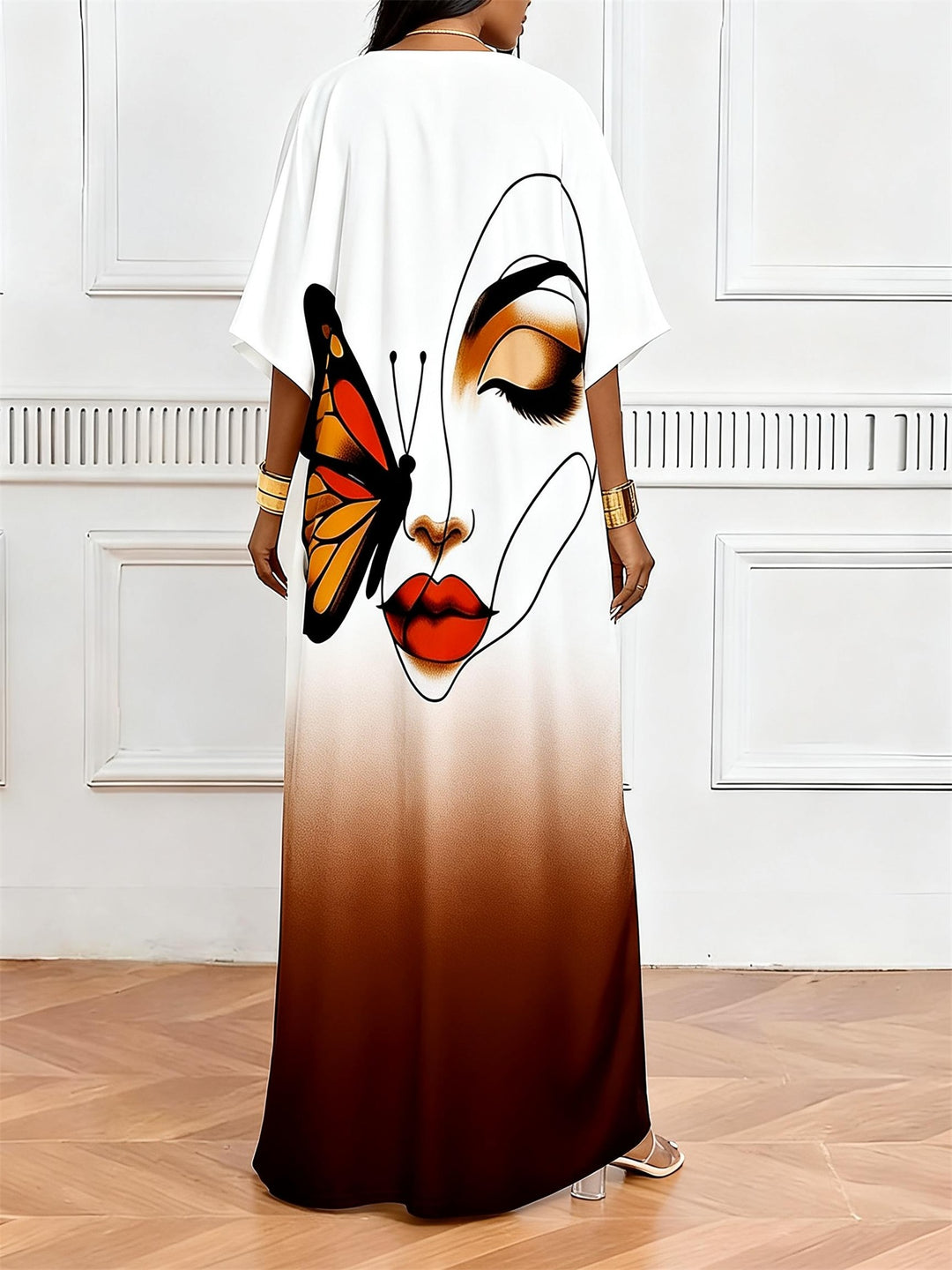 Gradient Brown Butterfly Face Line V-neck Casual Elegant Dress