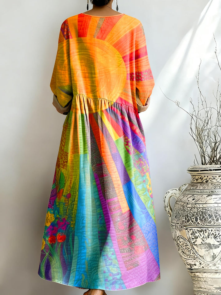 Women's Rainbow Sun Radial Print Pocket Dress