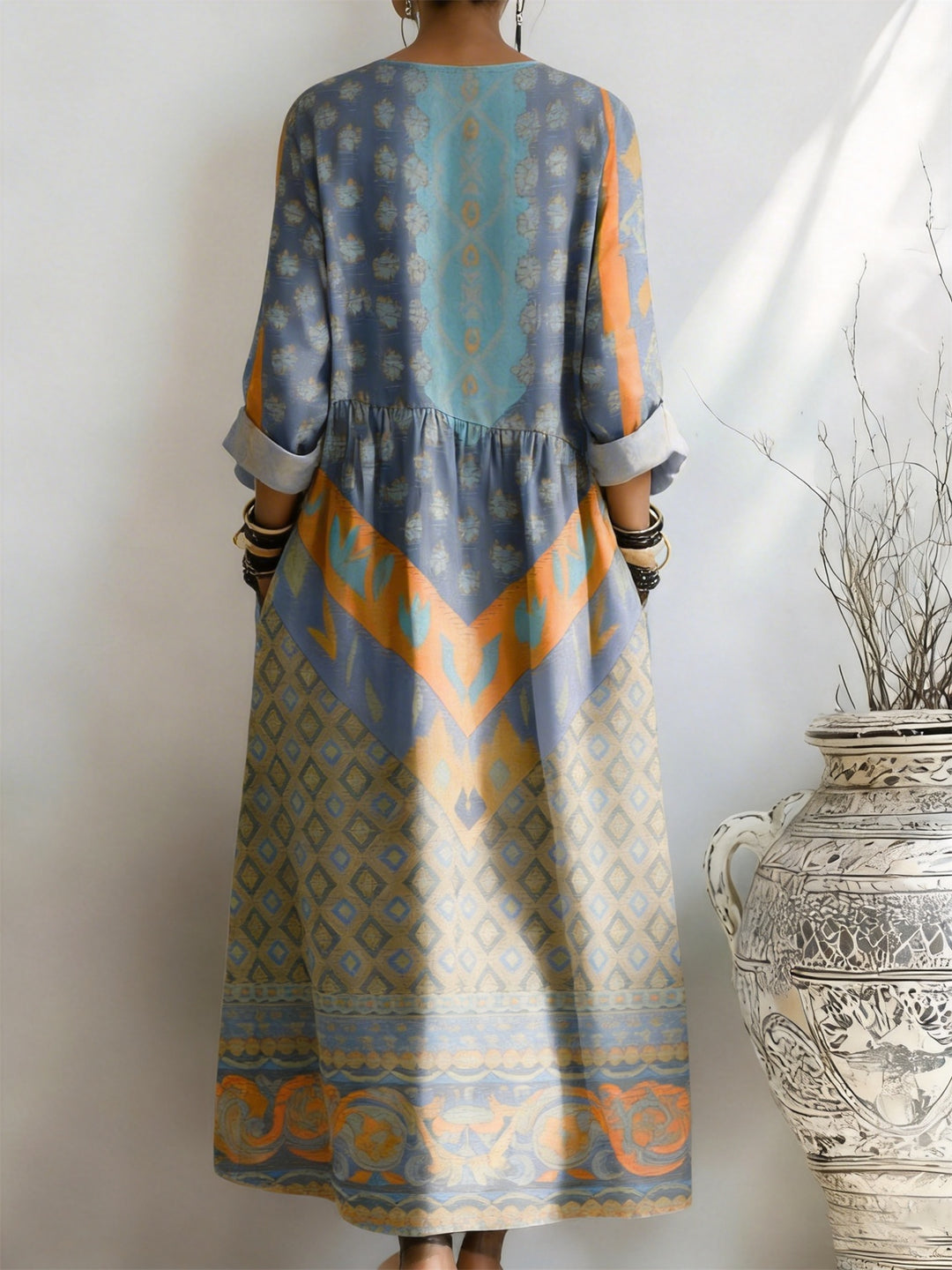 Women's Ethnic Geometric Patchwork Printed Pocket Dress