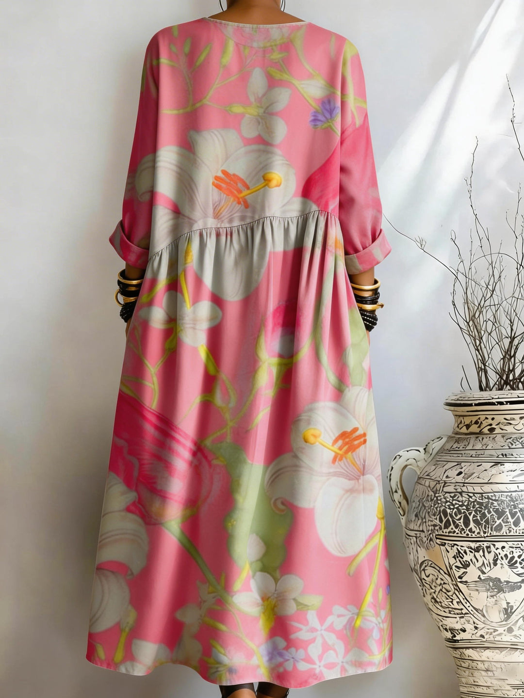 Women's Pink Lily Print Pocket Dress