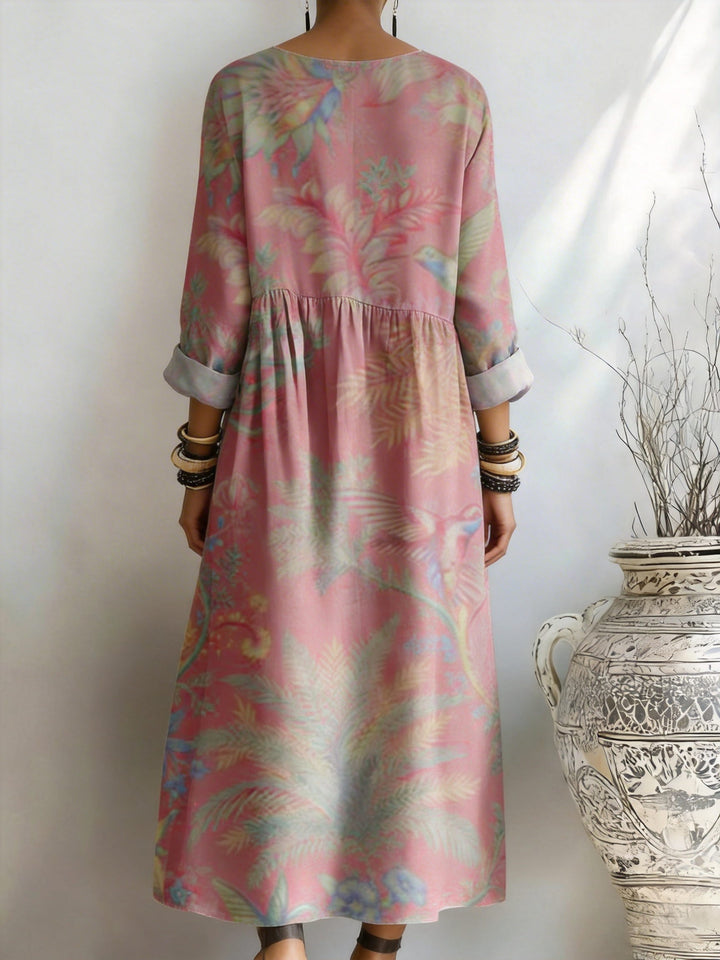 Women's Pea Red Palm Leaf Printed Pocket Dress