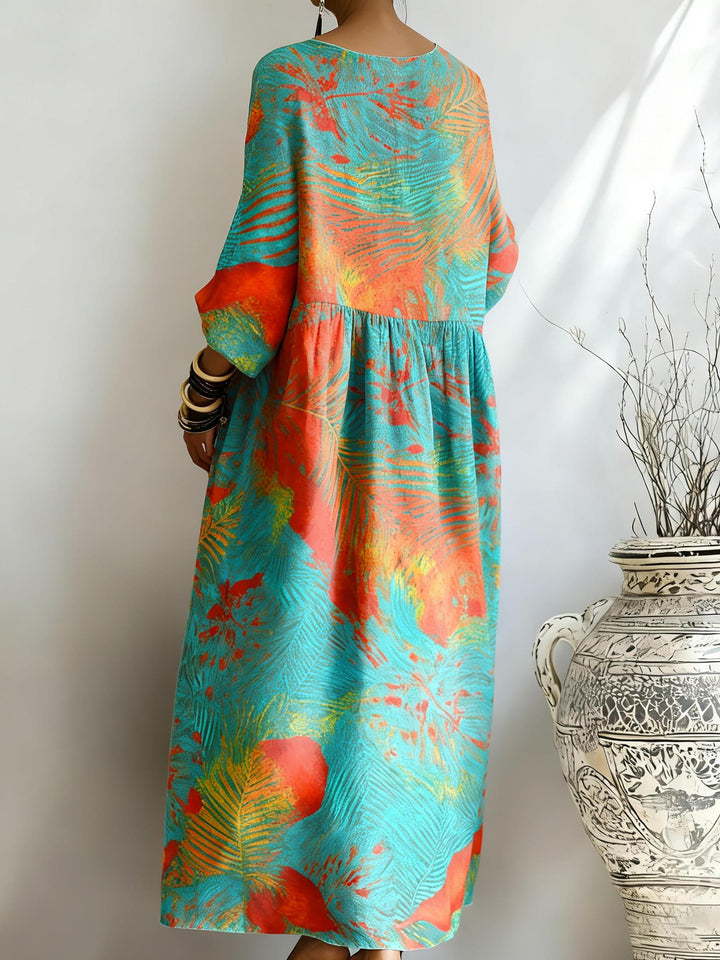 Women's Blue And Orange Contrast Palm Leaf Print Pocket Dress