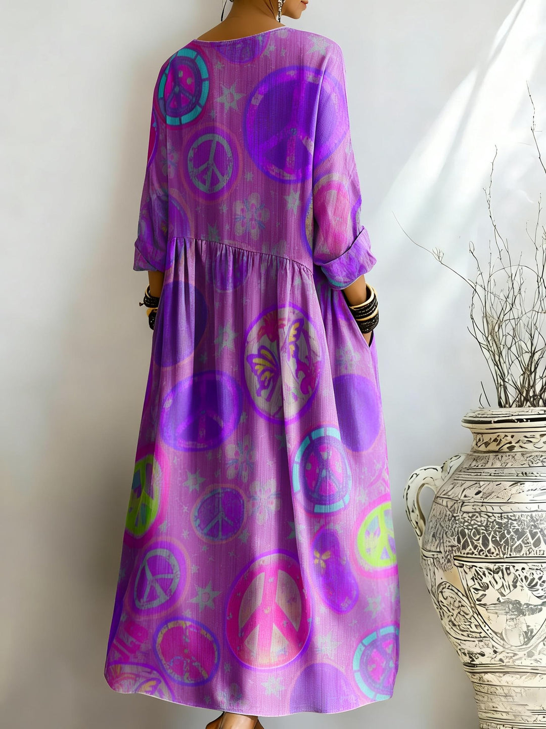 Women's Purple And Peace Print Pocket Dress