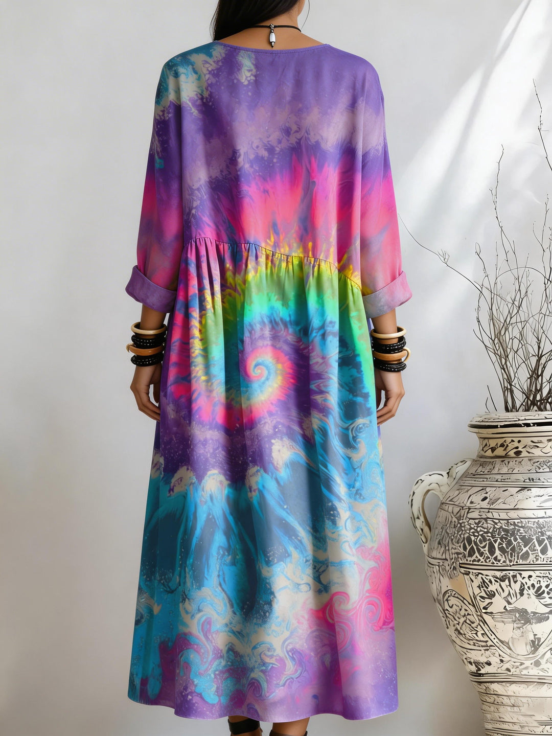 Women's Purple Tie-Dye Spiral Print Pocket Dress