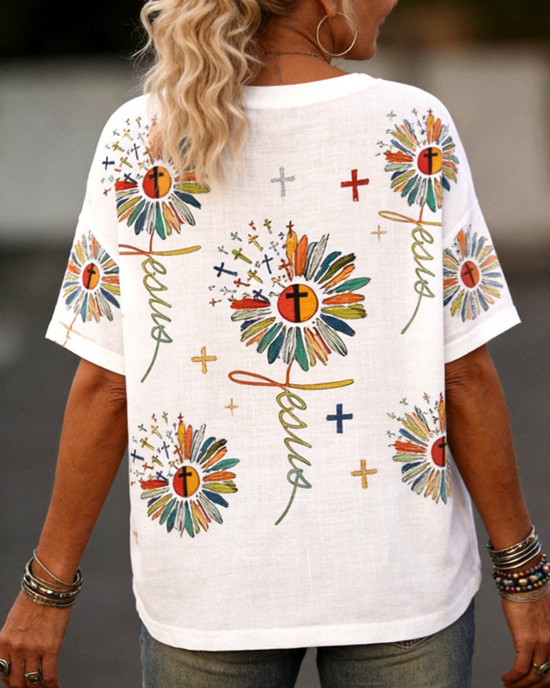 Jesus Cross Sunflower-Print Tee