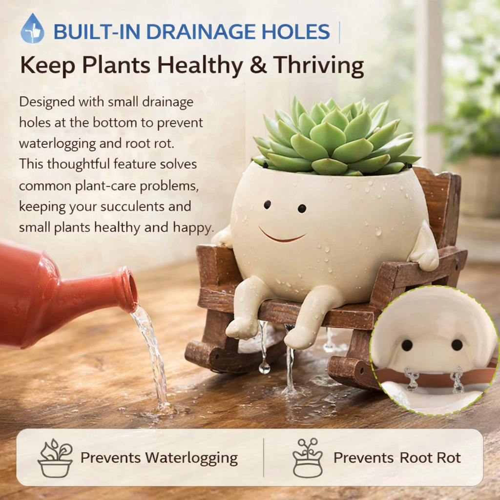 ✨Rocking Chair Smiling Face Planter – Cute Succulent Pot for Indoor &amp; Outdoor Decor