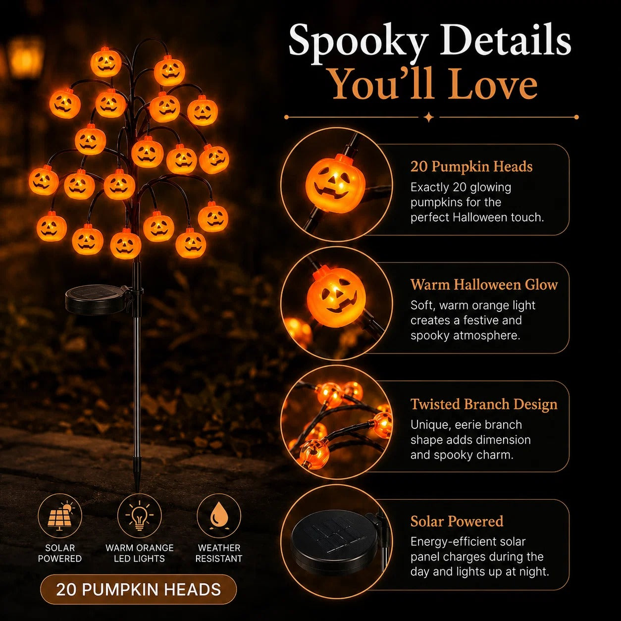 Solar-powered Halloween ground-stake lights for outdoor holiday decoration