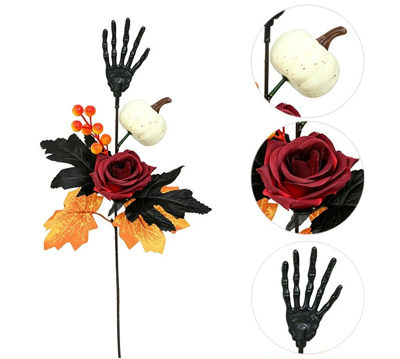 Halloween decorative skeleton hands and pumpkin-face artificial flowers