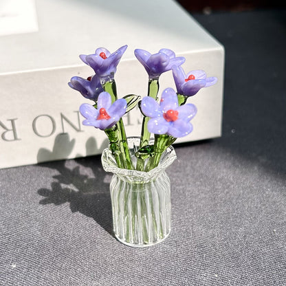 1 Set (7 Flowers+1 Vase) Handcrafted Mini Glass Artificial Flower Ornaments